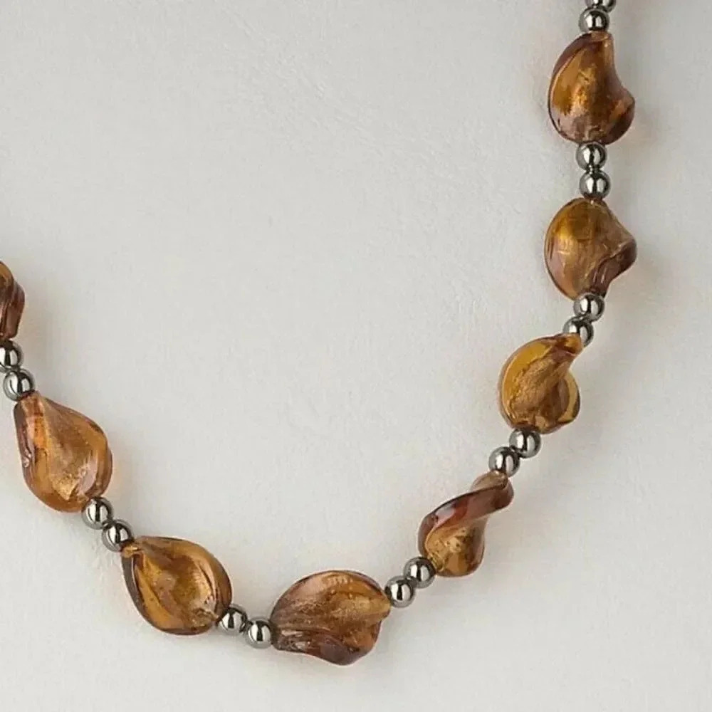 Hand Crafted Twisted Amber Murano Glass & Gunmetal Brass Beads Necklace - Picture 2 of 3